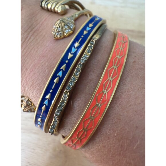 Stella & Dot Gold Cuff Bracelet Stack With Blue & Coral Enamel Rhinestone - Picture 5 of 14